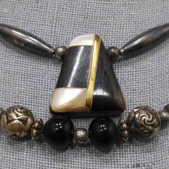 Vintage Artisan Gemstone Natural Bead Necklace, Quartz Shell Wood, 23 Inches - Picture 7 of 10